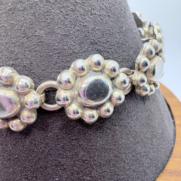 Sterling Silver 925 Beaded Puffed Flower Design Chain Bracelet Size 7" Length - Picture 3 of 10